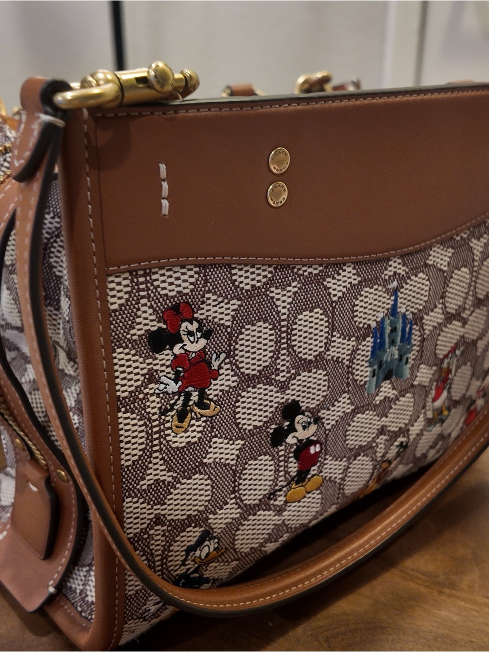 Coach Brown Canvas Shoulder Bag with Disney Character Embroidery